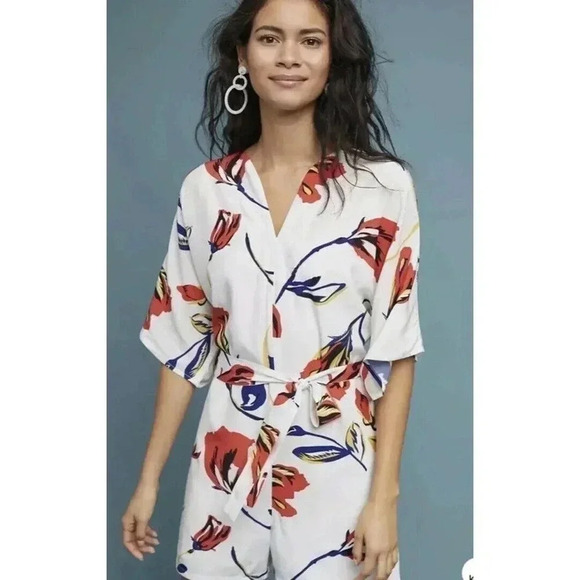 Corey Lynn Calte Anthropologie Romper Jumpsuit r Kimono Floral Petite Medium - Picture 2 of 12